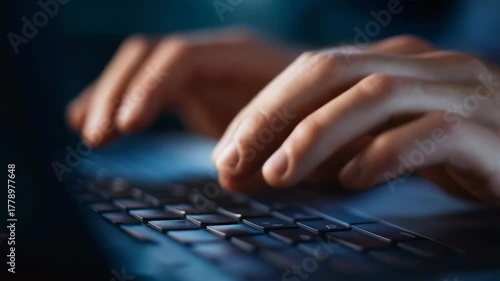 Hands typing on a laptop keyboard in a dimly lit environment, conveying productivity and focus