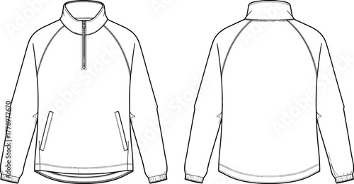 CAD Drawing Flat Vector Illustration of Pullover Jacket with High Collar, Partial Zipper, Raglan Sleeves, Side Pockets, and Curved Hem