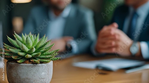 Business meeting with succulent plant, professional discussion and collaboration in modern office environment