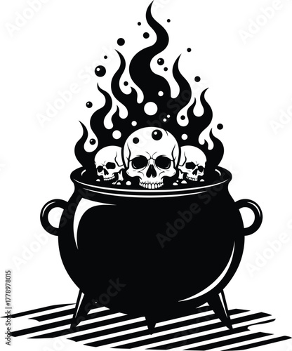 A black cauldron with skulls and flames on a striped surface vector