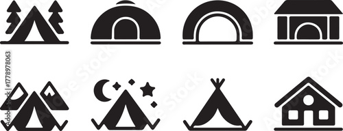 Minimalist black and white camping tent icon set with dome, teepee, arch, and mountain tents arranged in two rows, clean line outdoor vector illustration.