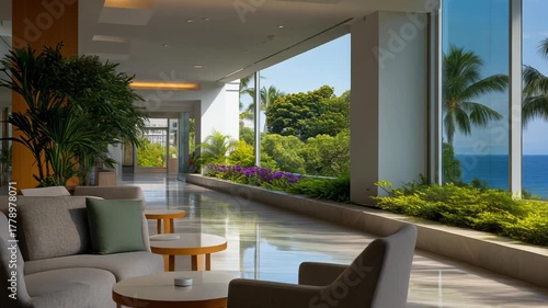 Stylish modern hotel lobby with ocean view and tropical plants for relaxation