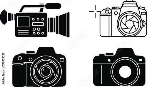 Four camera icons including a video camera and digital slr cameras