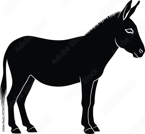A black silhouette of a donkey standing against a white background
