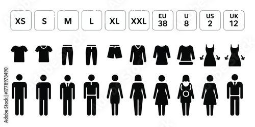 Minimalist black and white clothing size and gender icon set, professional stock-ready, bold readable text, clean silhouette icons, organized layout, modern commercial design, high market appeal.