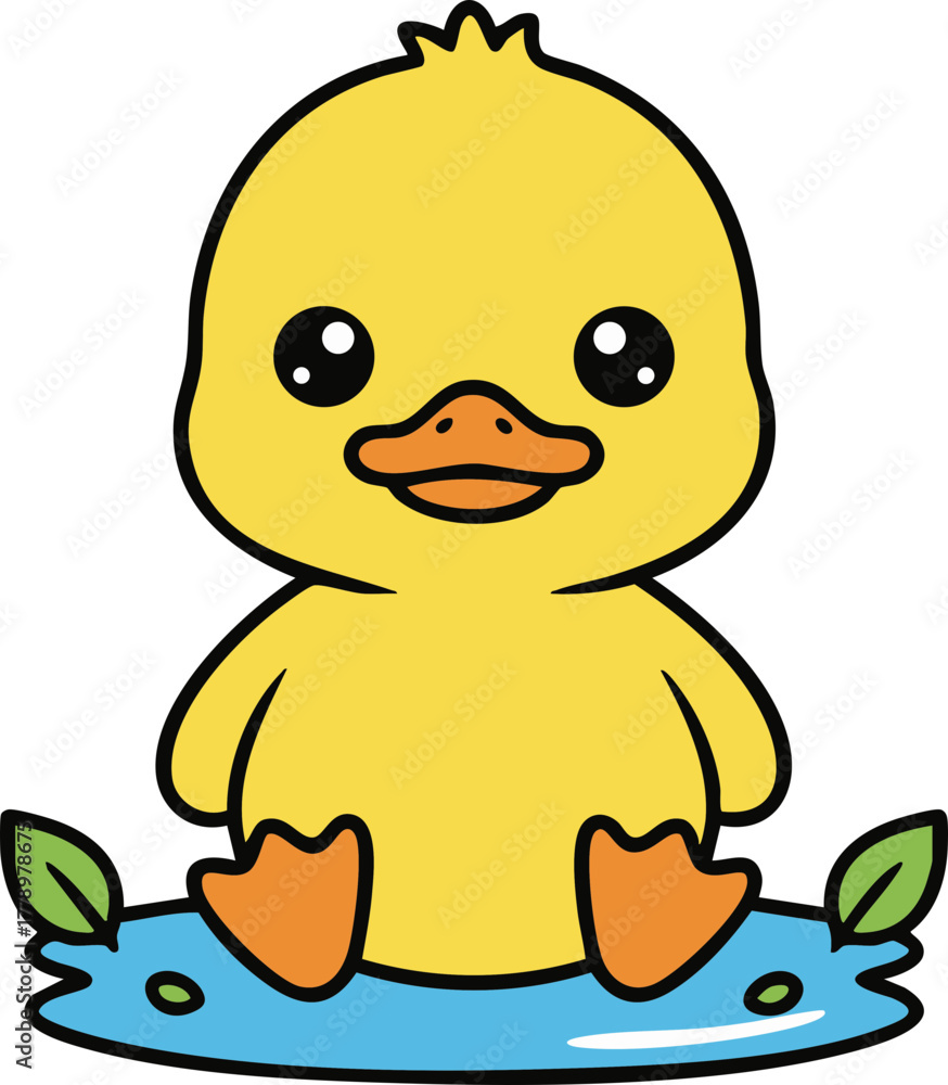 Fototapeta premium Charming Duckling in Pond: This image captures an adorable, cartoon-style duckling. Sitting cheerfully on pond, exuding joy and simplicity.