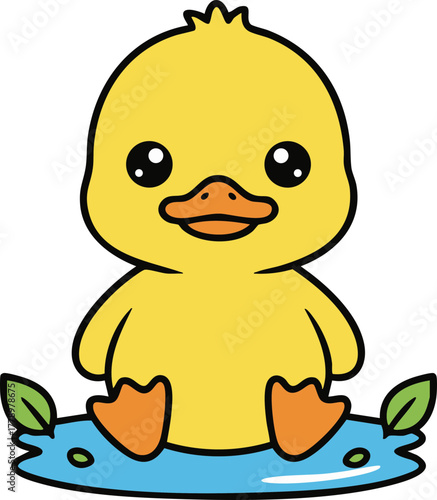 Charming Duckling in Pond: This image captures an adorable, cartoon-style duckling. Sitting cheerfully on pond, exuding joy and simplicity.