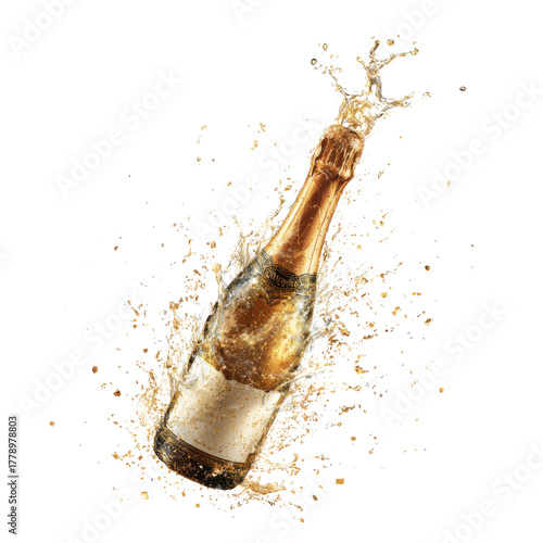 Champagne Bottle Explosion with Bubbles and Splash Effect