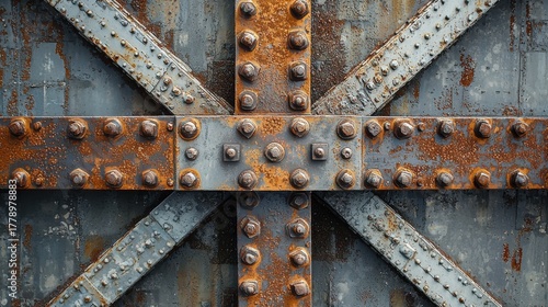 Vintage American steel bridge girder connections with weathered riveted joints showing industrial engineering details and rust patina textures