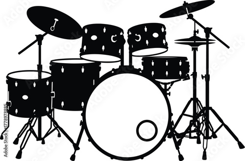 Silhouette illustration of a drum set against a white background