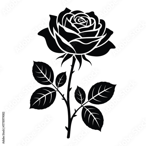 Timeless Rose Silhouette: An elegant black and white silhouette of a single rose, conveying the classic beauty and enduring charm of this beloved flower.