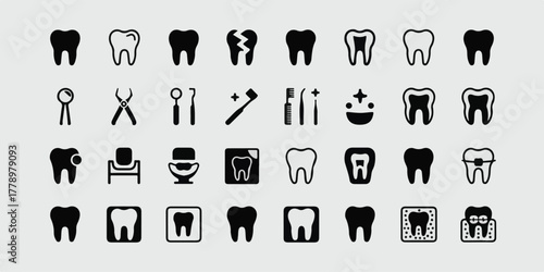 Minimalist black and white dental icons, 32-piece vector set, 4x8 grid, clean line art, professional, stock-photo-ready, healthcare, dental office, educational, modern, high-quality.