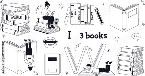 Colorful illustration of people reading and stacks of books on display