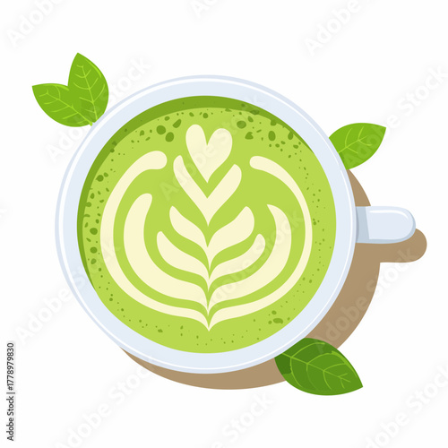カップに入れられた抹茶ラテとラテアートのベクターイラスト