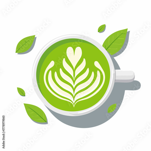カップに入れられた抹茶ラテとラテアートのベクターイラスト