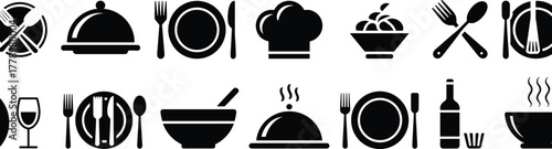 Black and White Food, Dining, and Beverage Icons for Restaurant Menu, Culinary Website, Kitchen Tools, Hospitality, and Cooking Vector Design