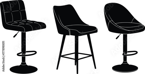 Three different black bar stools isolated on a white background view