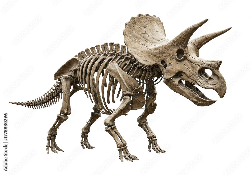 Fototapeta premium Isolated Triceratops skeleton of a dinosaur on display for science and paleontology