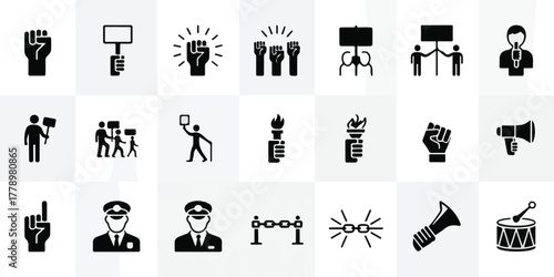 Minimalist black and white vector icons of protest, activism, social justice, raised fists, signs, megaphone, torch, police, barrier; modern, professional, clean, iconic.
