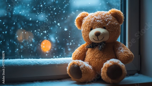 Teddy bear plush sitting by window with snowfall outside, warm interior light