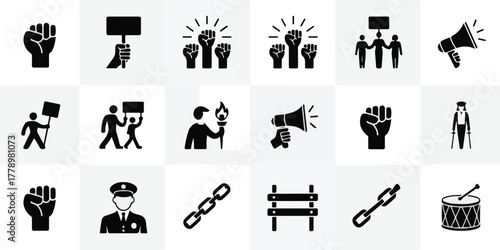 Minimalist black and white vector icons of protest, activism, social justice, raised fists, signs, megaphone, torch, police, barrier; modern, professional, clean, iconic.
