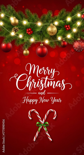 Vertical Merry Christmas and Happy New Year greeting card template with fir garlands, colorful ornaments, warm lights, and candy canes on a vibrant red bokeh background, designed with ample copy space