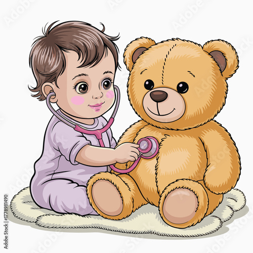 A cute baby girl checking heartbeat of teddy bear with stethoscope 