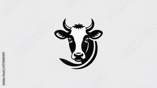 Minimalist black and white vector logo of cow head profile, clean geometric design, organic dairy branding, eco farm identity, natural product, premium quality illustration.