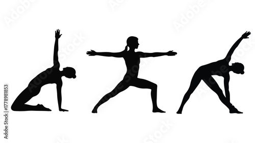 Minimalist black and white yoga silhouettes, three horizontal poses side plank, warrior II, side bend, clean sharp edges, balanced composition, vector illustration.