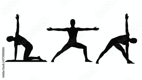 Minimalist black and white yoga silhouettes, three horizontal poses side plank, warrior II, side bend, clean sharp edges, balanced composition, vector illustration.