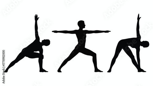 Minimalist black and white yoga silhouettes, three horizontal poses side plank, warrior II, side bend, clean sharp edges, balanced composition, vector illustration.