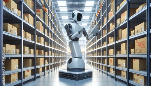 Robot assistant moves between racks with boxes in the warehouse, performing inventory