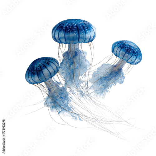 Three blue jellyfish floating up