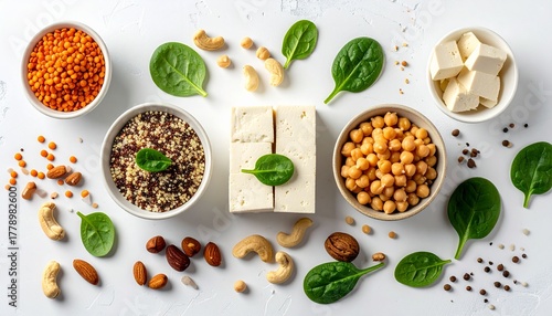 Vibrant plant based protein options for healthy eating and balanced diets, featuring tofu, lentils, chickpeas, quinoa, nuts and fresh spinach leaves