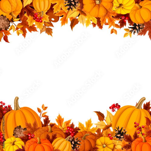 Autumn background frame with orange pumpkins and fall leaves. Vector decorative border