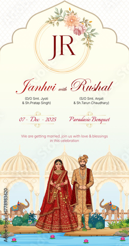 Elegant Indian Wedding Invitation Card featuring Bride and Groom in Traditional Attire with Royal Palace Background
