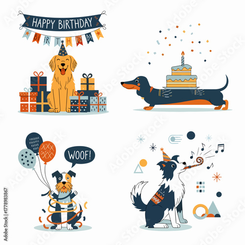 Happy Birthday Party Scene With Four Playful Dogs, Balloons, Hats, And Confetti — Colorful Illustrations