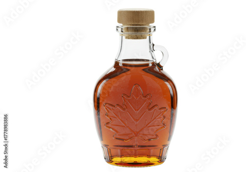Fotografía Isolated glass bottle of maple syrup with leaf design and wood cork for breakfas