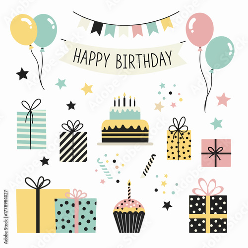 Big pastel birthday clipart collection. Hand drawn doodle set with cakes, candles, cats in party hats, balloons, gifts, cupcakes, and fun party elements. Perfect for kids designs, party invites