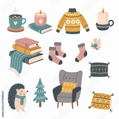 ute Hygge Winter Clipart Collection Featuring Armchairs, Knitted Mittens, Candlelight, Books and Hot Chocolate – Cozy Scandinavian Style Graphics for Seasonal Projects