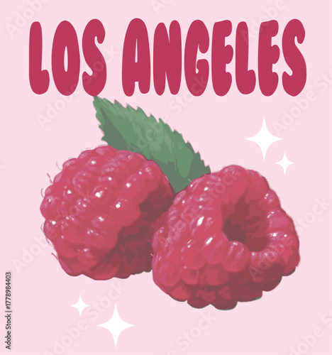 Raspberries berries LA los Angeles fruit juicy pink trending fruity cute tropical vacation summer  t-shirt design Slogan Logo Graphic Vector Tee shirt fruit apparel print style vector berry raspberry