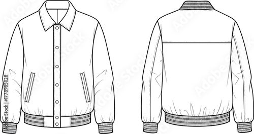 CAD Drawing Flat Vector Illustration of Ribbed Jacket with Button Front, Slanted Pockets, Classic Collar, and Seam Detail