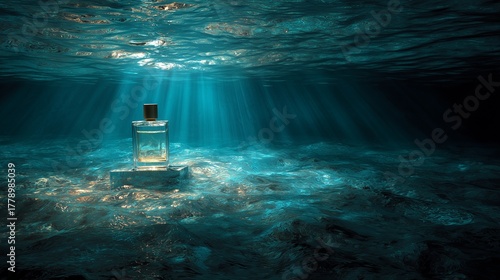Elegant Perfume Bottle Submerged in Deep Blue Water with Light Beams