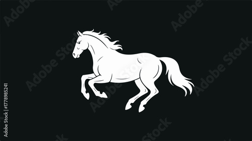 Minimalist white silhouette of a galloping horse on black background, elegant prancing motion, flowing mane and tail, clean modern design, strong contrast artwork.