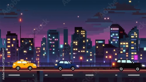 Pixel Night City with Moving Car Lights – 8-Bit Animation Loop