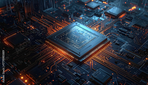 Glowing circuit board with ai chip connected to binary circuits against a dark background with copy space