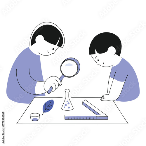 Curious children explore science with magnifying glass and beaker in classroom