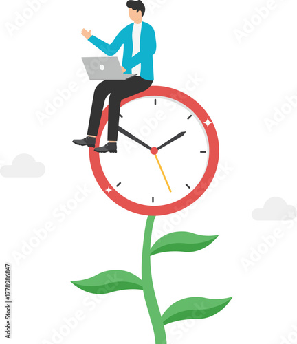 Committed businessmen try to grow up on top of the clock growing plant.
