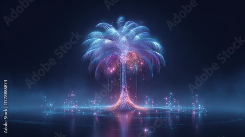 Futuristic neon holographic coconut tree stands majestically, illuminated by vibrant colors and sparkling lights, creating magical atmosphere. scene evokes sense of wonder and tranquility
