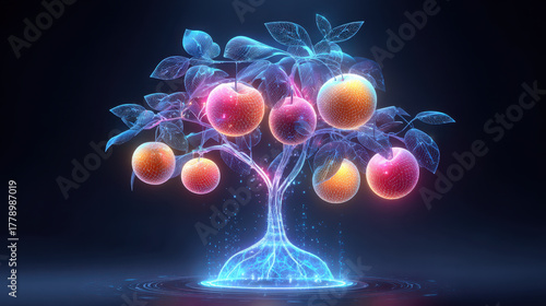 Futuristic neon holographic fruit tree with vibrant glowing fruits and intricate leaves, creating mesmerizing visual effect in dark background